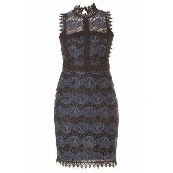 YEST Netherlands NWT crochet black blue peacock high neck fitted midi dress 8 - Picture 3 of 16